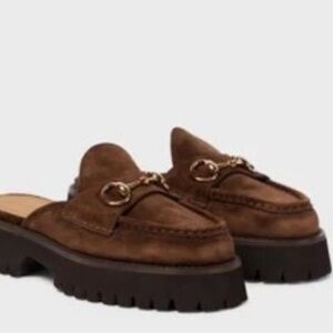 Gucci Brown Suede Loafer Mules with Gold Horsebit